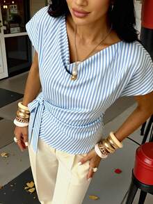 Buzzelle 1pc Striped Polyester Asymmetric/Asymmetrical Front Tie Bow Women's Blouse, Office Vacation Home Daily Summer - Baby Blue - View 2