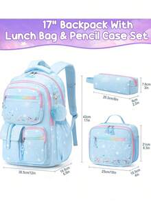 3pcs School Backpack For Teens, Waterproof Backpack With Lunch Box & Pencil Case Set, Cute Travel Bookbag School Bag For Back To School Supplies - 藍色 - 查看 2