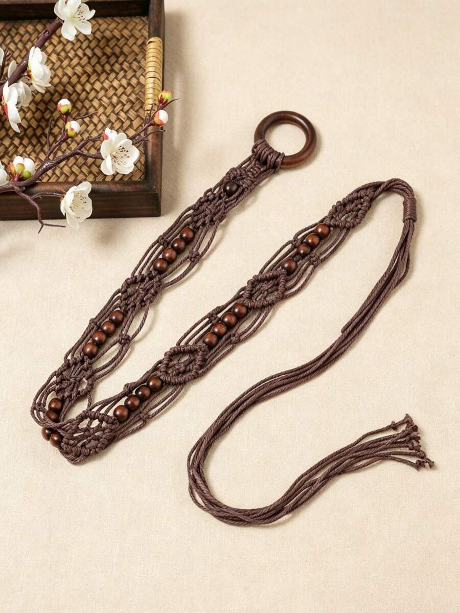 2pcs/Set Bohemian Style Handmade Woven Waist Chain, Wooden Ring & Bead Body Belt, Turquoise Buckle Tassel Layered Chain, Suitable For Vacation - A - View 1