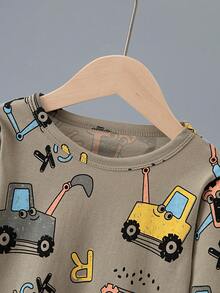 3 Sets Baby Boy Long Sleeve Pajamas Long Pants Set, Cartoon Excavator Dinosaur Pattern Home Wear - Multicolor - View 4