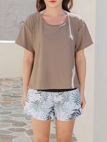 2-Piece Set Women's Swimwear, UV Protection, High-Stretch Polyester, Short-Sleeve T-Shirt + Shorts, Inner Lining, Non-Wired Padding, Body-Shaping Wome - Brown and White Leaves - View 4