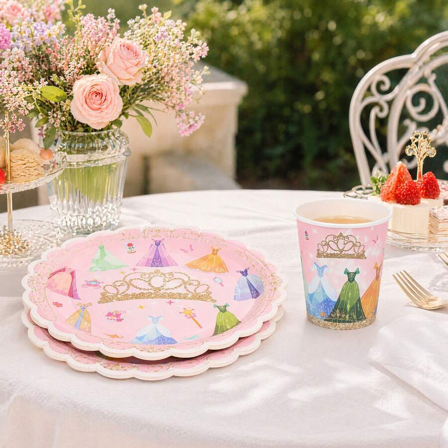 Golden Crown Dress Motif Party Tableware Set, Paper Plates, Paper Cups, Paper Napkins, Disposable Tableware For Birthdays, Theme Parties, Family Celebrations, Garden Parties, Receptions, Buffets, Indoor And Outdoor Use, Table Decoration - B - View 1