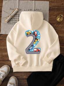 1pc Boys Toddler Hooded Sweatshirt, Construction Truck & Number 2 Cartoon Print, Cream White Loose Fit Pullover Sweatshirt For Spring And Autumn - Apricot - View 5