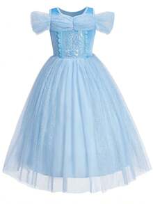 5PCS Girls New Blue Princess Dress, Round Neck Design With Mesh Off-Shoulder, Tulle Ballet Princess Skirt And Snowflake Cape Birthday Party Costume, Suitable For Holiday Performance, Theme Party - Baby Blue - View 2