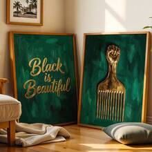 2pcs Emerald Green & Gold African Culture Canvas Wall Art, Featuring Gold Fist African Comb Sculpture And "Black Is Beautiful" Calligraphy Text, Thick Textured Oil Painting Style, Suitable For Living Room, Salon And Home Interior Meaningful Cultural Wall Decor - A - View 1