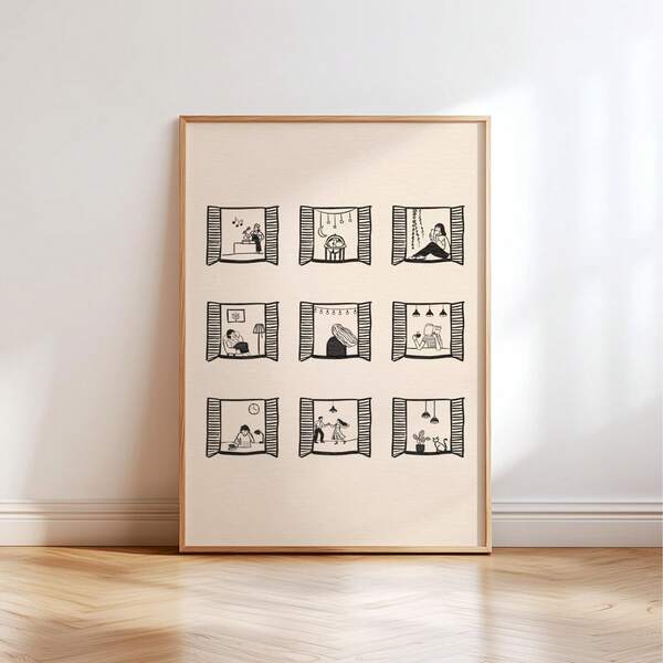 Impresión de arte lineal minimalista que presenta nueve marcos de ventanas que representan momentos cálidos cotidianos: leer, trabajar, tiempo en pareja, bailar y relajarse con gatos. Boceto simple en negro sobre fondo crema, decoración neutra acogedora ideal para dormitorios y apartamentos modernos