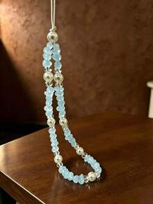1pc Faux Pearl & Crushed Stone Light Blue Decorative Bead Phone Lanyard Gift Suitable For Mother, Family, Friends, Birthday, Holiday Phone Charm, Phone Chain - Baby Blue - View 2