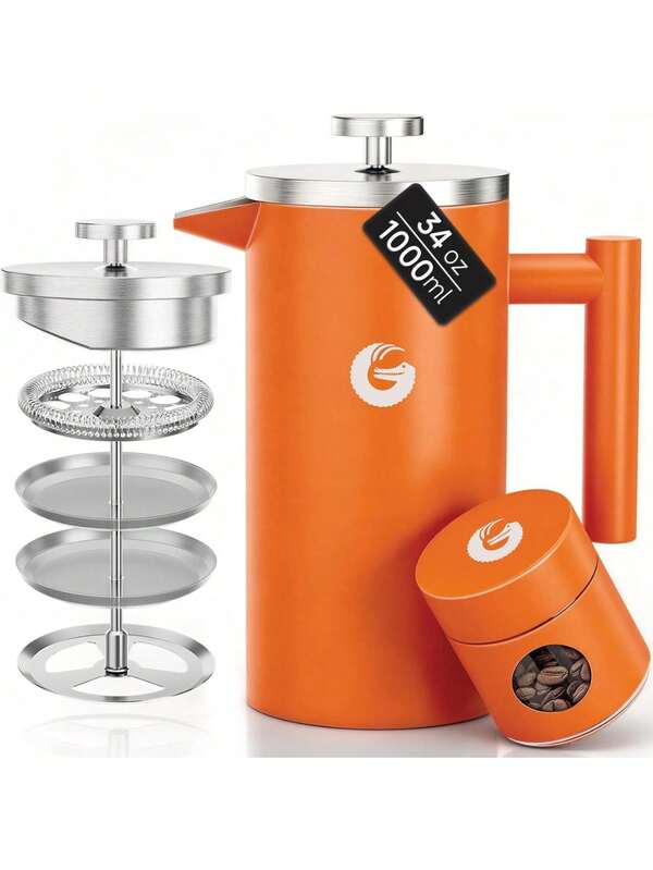 Cafetiere Maker - Less Sediment, Hotter-For-Longer, Thermal French Press Brewer - Large Capacity, Double-Wall Insulated, Dishwasher- Stainless Steel - 1 Litre - Orange Father's Favorite Gift