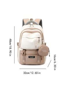 Two-Tone Multi-Zip Pocket Student Rucksack, Detachable Small Accessory Pouch Adjustable Side Buckle Backpack For Daily Commute Weekend Trips - Khaki - View 2