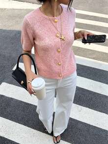 1 buah Sweater Kardigan Lengan Pendek Warna Polos dengan Kancing Logam untuk Wanita, Sweater Rajut Kasual Serbaguna - Baby Pink - View 10