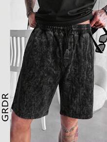GRDR Men's Black Washed Texture Knit Drawstring Casual Shorts, Suitable For Commuting And Daily Wear - Black - View 5