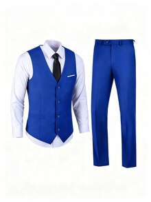 Conjunto de fato masculino de 2 peças, blazer e calças elegantes de cor lisa com corte slim, adequado para negócios, casamentos, festas, tamanho XS-XXXL - Azul Real - View 2