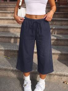 Women's Summer Lightweight Breathable Casual Pants With Elastic Waist Drawstring Loose Drape Relaxed Fit Versatile Fashion Wide Leg 7/8 Length Pants - Navy Blue - View 1