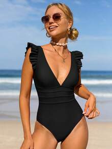 HaiiMeid Solid Colour Splice Ruffle Trim Deep V-neck Backless One Piece Swimsuit - Black - View 3