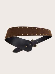 1pc Boho Women's Belt, Western Style Brown Rivet Waist Belt, Wide Belt, Festival Accessories, Vintage Asymmetrical Buckle Rivet Design, Y2K Girl Belt, Matches Coats, Pants, Skirts, Suitable For Casual, Parties, Gatherings, Campus, Music Festivals - Brown - View 6