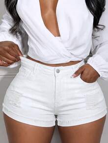 Plus Size White Denim Straight Leg Shorts, Distressed Details, Medium Stretch Fabric, Button Fly, Short Length - White - View 1
