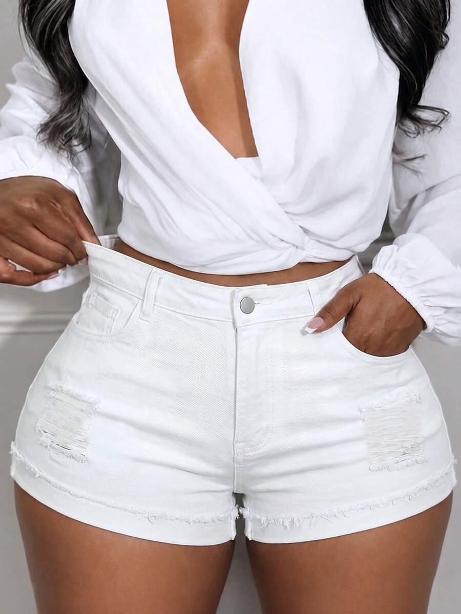Plus Size White Denim Straight Leg Shorts, Distressed Details, Medium Stretch Fabric, Button Fly, Short Length - White - View 1