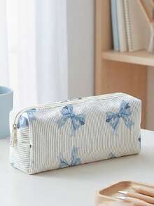 1pc Pencil Case, Stationery Storage Bag, Corduroy Material Bowknot Print Large Capacity Pencil Case For Teenagers, Multi-Function, First Day Of School - Multicolor - View 2