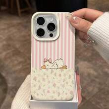 1pc TPU Material Cute Pink & White Striped Floral Duck Pattern Phone Case Compatible With IPhone 17 Pro Max/17/16 Pro Max/15/13/12/11/ S20 FE/A15/S24/A55/ Note 11/Note 12/Note 13 Pro Full Coverage Anti-Drop Soft Shell Protective Cover - White - View 3