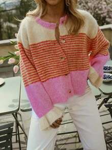 Women's Knitted Striped Contrast Color Cardigan, Long Sleeve, Button Detail Pink Fall - Pink - View 5