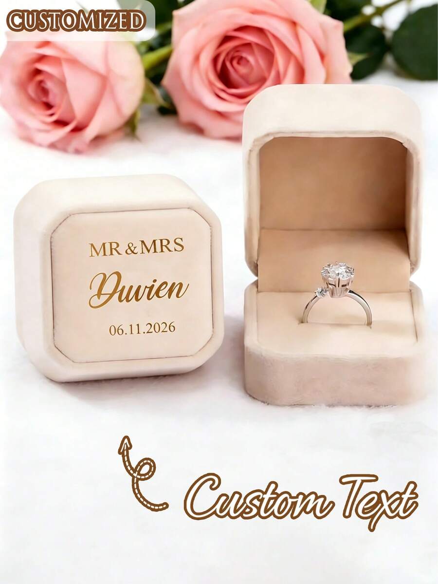 客製化正方形天鵝絨戒指盒附蓋－復古婚禮訂婚珠寶展示盒，適用於訂婚／婚禮／週年紀念禮物，耳環與戒指收納－奢華包裝珠寶盒