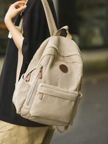Mochila escolar de gran capacidad de unicolor - Caqui - Ver 3