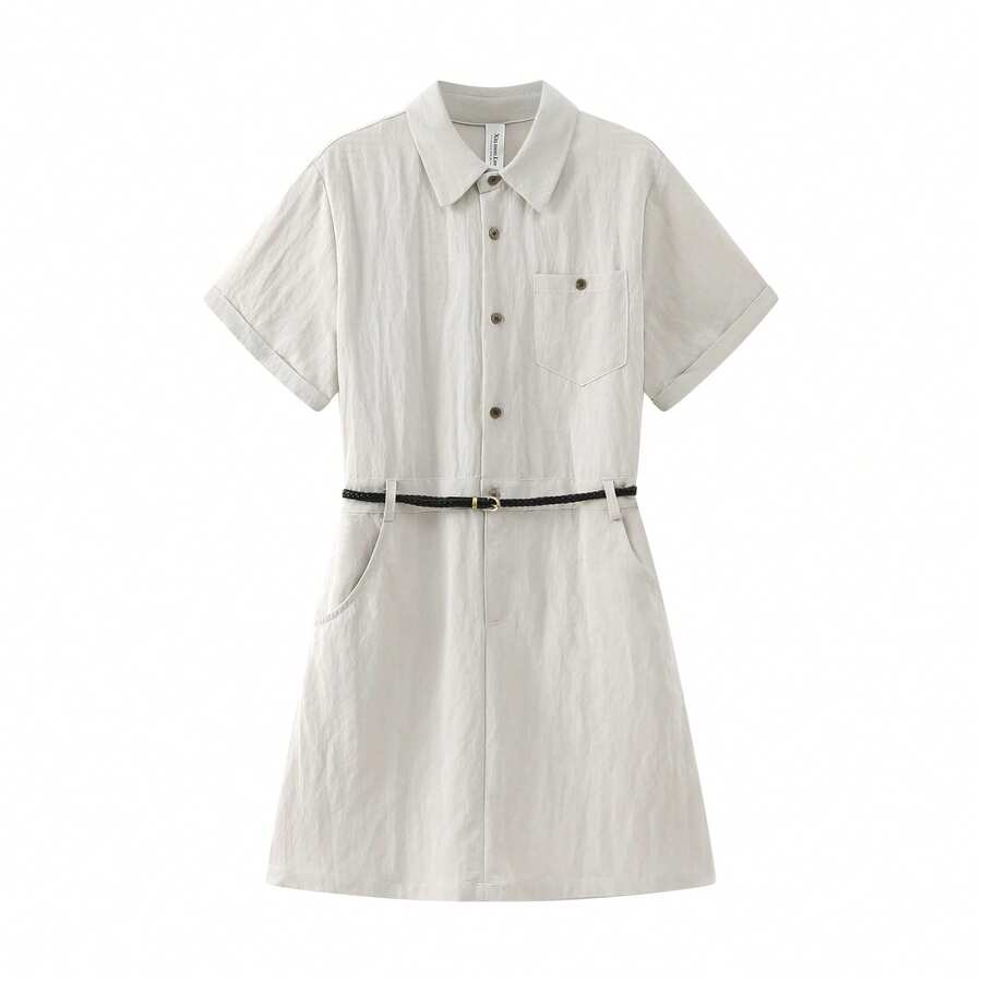 韓式休閒 Polo 領洋裝 素色復古優雅休閒腰帶裙 晚宴約會度假日常夏季穿搭 - 淺灰色 - 查看 1