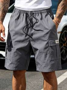Men's Cargo Casual Shorts, Elastic Waist With Matching Drawstring, Loose Fit. Perfect Gift For Boyfriend Or Father's Day Sports - Dark Grey - View 4