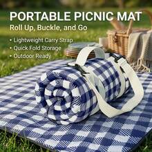 80x 83 Large Picnic Blanket Waterproof Sandproof, Foldable Outdoor With Premium Canvas Strap Beach - Blue Gingham - View 6