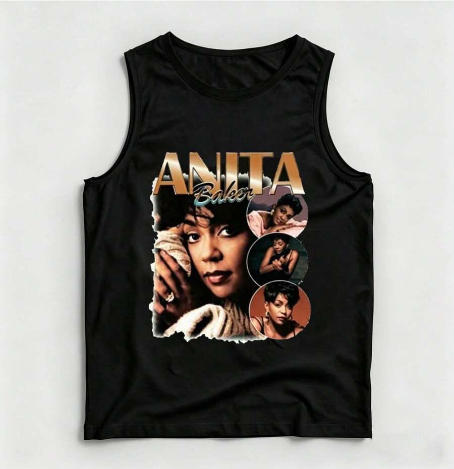 Vintage Anita Baker Big Head T-Shirt Unisex Retro R&B Graphic Tank Top Must-Have For 80s Music Fans Soft Comfy Top Perfect For Concerts Hangouts - 黑色11 - 查看 1