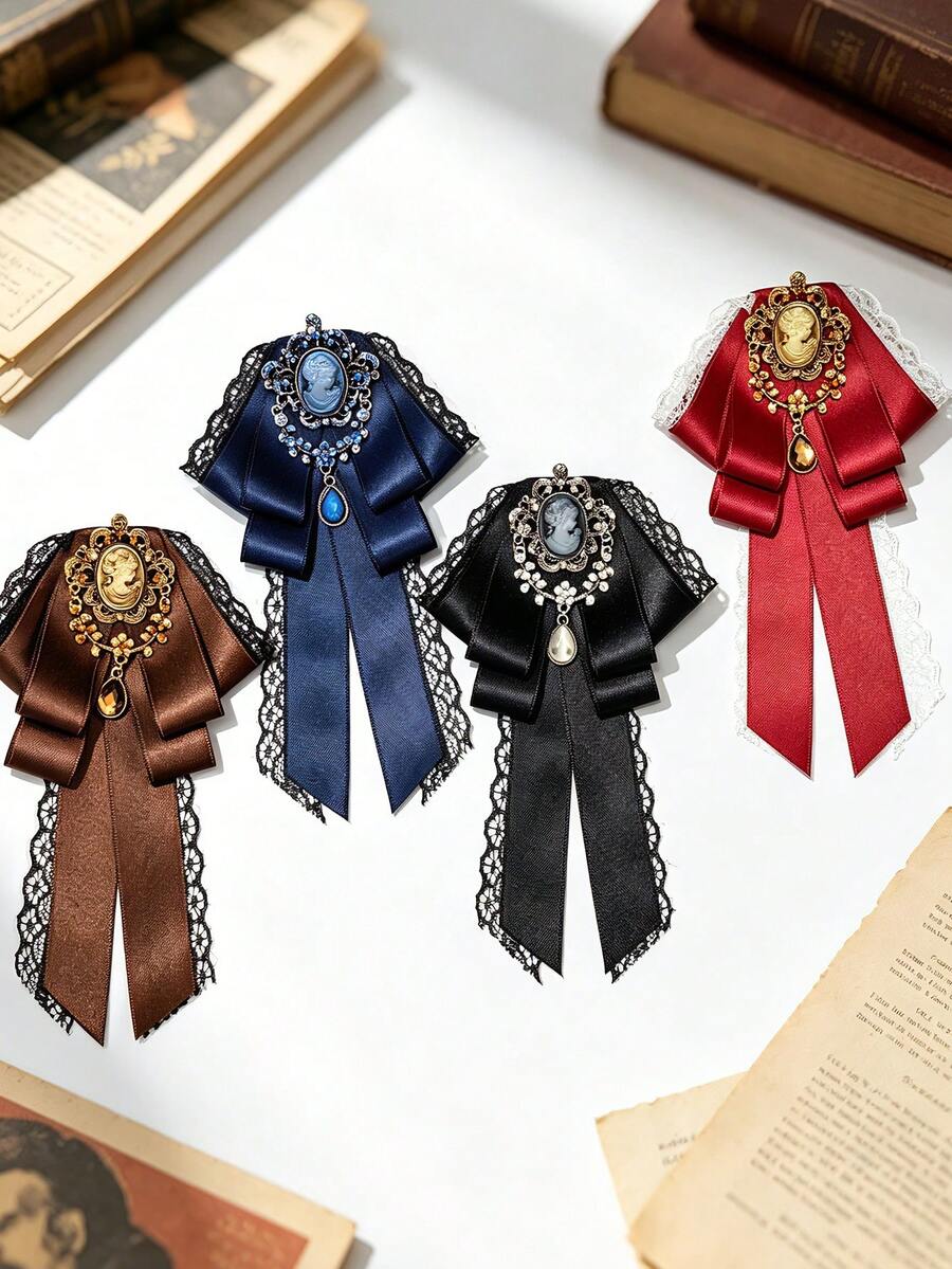 1pc Handmade Unisex Multi-Layer Lace Rhinestone Exquisite Bow Tie, High-End Elegant, Suitable For Uniform, Daily Wear, Party - Multicolor - View 1