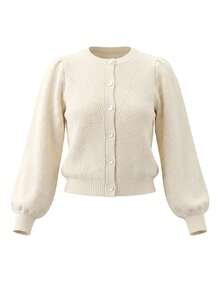 Women's Fashion White Button-Front Cardigan, Long Sleeve, Ribbed Hem, Regular Length, High Elastic Fabric, Suitable For Autumn Wear. - Apricot - View 9