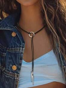 1 buah Kalung Panjang Liontin Rivet Wanita, Kulit PU & Logam, Gaya Minimalis yang Dipersonalisasi, Cocok untuk Pemakaian Sehari-hari dan Paduan untuk Pesta - Hitam - View 2
