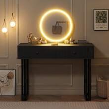 Escritorio moderno de vanidad led con espejo iluminado, mesa de vanidad de maquillaje de iluminación de 3 colores ajustable con 2 cajones de almacenamiento, mesa de vestidor de marco de metal resisten - Negro - Ver 4