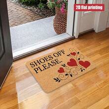 1pc Brown Background Red Heart Vine Print Shoes Off Please Doormat, Soft Pastoral Style Flannel Rounded Rectangle Rug, Symmetrical Scroll Leaf Design With 4 Red Hearts, Non-Slip Dust-Absorbing Water-Absorbent Entrance Mat, Suitable For Wedding Room, Entryway, Living Room, Indoor, All Season Daily Home Use - Multicolor - View 8