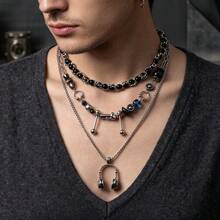 Multi-Style Combination Fashion Stainless Steel Unisex Mid-Length Necklaces, Personalized Mainstream Design Suitable For Holiday Parties, Music Festivals, DJ Bars, Street Style Accessories - Silver - View 1