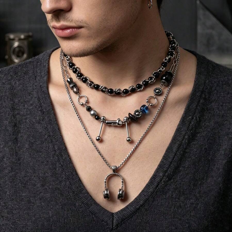 Multi-Style Combination Fashion Stainless Steel Unisex Mid-Length Necklaces, Personalized Mainstream Design Suitable For Holiday Parties, Music Festivals, DJ Bars, Street Style Accessories - Silver - View 1