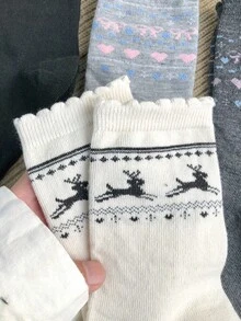 4 Pairs/2 Pairs/1 Pair Korean Sweet Cute Style Mid-Calf Socks With Ruffle Trim, Unisex Autumn/Winter Fair Isle Pattern, Versatile For Women's Home, Daily Wear, Layering With Boots - Multicolor - View 9