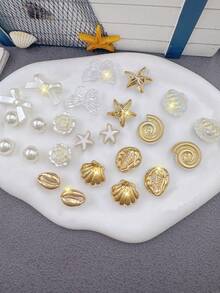 24件白色蝴蝶花貝海星海螺鞋飾，適用於園藝鞋與涼鞋，可拆卸DIY配件與裝飾 - 金色 - 查看 4