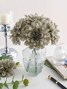 5 PCS Artificial Flowers Fake Dahlia Heads With Iron Wire Silk Peony Bouquet Bulk For Home Wedding Party Decoration Table Centerpieces - Light Ink Green - View 3