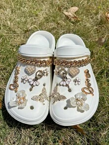 New 16pcs DIY Gold Ballet Angel Girl Chain, Heart, Flower, Butterfly, Faux Pearl Camellia Detachable Shoe Flower Decoration Buckle, Suitable For Garden Shoes, Beach Shoes, Sandals, Slippers, Holiday Gifts - Gold - View 7