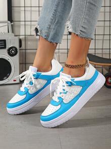 Women's Casual Sports Shoes, Versatile Color Breathable Low-Top Shoes, Skateboard Shoes, Birthday Gift, Holiday Gift, Comfortable Upper Lightweight Lace-Up Round Toe - White and Blue - View 5