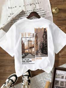 Short Sleeve Round Neck T-Shirt 2026 Summer New Casual Letter New York Bridge Street Vacation Pattern Printed Women'S Fun Regular Top - White - View 2