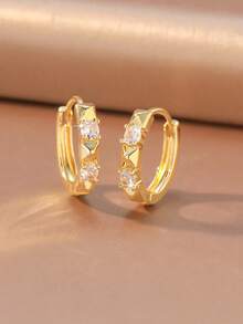 1 Pair/Gold/Silver/Double Round Zirconia Stone Angular C-Hoop Earrings, Alloy Rhinestone Inlaid, Minimalist Geometric Style Women's Versatile Elegant Earrings For Daily Commute And Dates - Multicolor - View 1