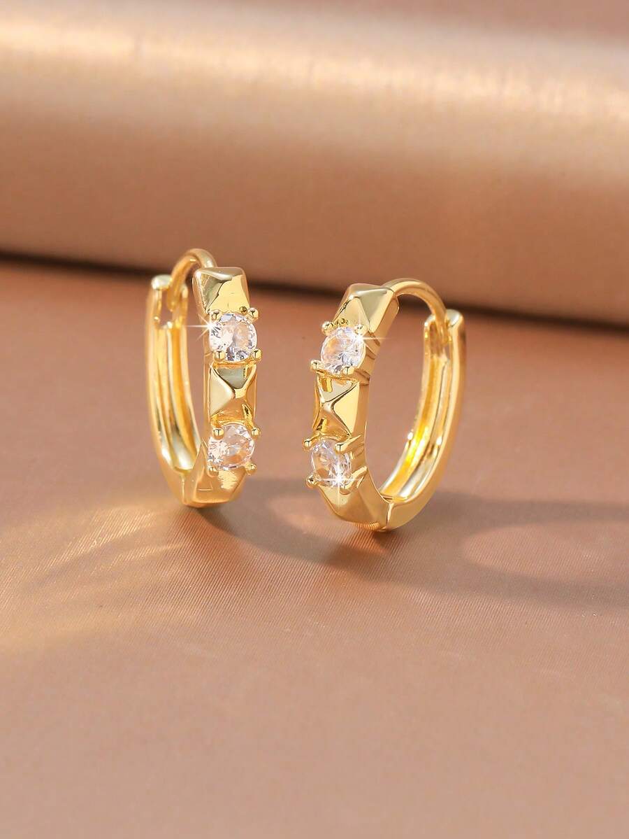 1 Pair/Gold/Silver/Double Round Zirconia Stone Angular C-Hoop Earrings, Alloy Rhinestone Inlaid, Minimalist Geometric Style Women's Versatile Elegant Earrings For Daily Commute And Dates - Multicolor - View 1