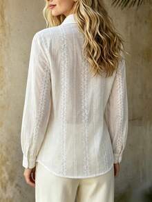 Women's Elegant Solid Embroidery Button Front Shirt, Sheer Collared Long Sleeve Top For Business, Office, Daily, Spring Summer Fall Winter White - White - View 3