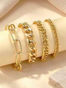 4pcs/Set Punk Style Chunky Chain Bracelet, Fashion Minimalist Line Women's Accessories, Versatile Personalized Jewelry Bracelet Suitable For Daily Wear, Party, Gathering And Music Festival - Gold - View 3