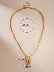 1pc Ins Style Women's Stainless Steel Necklace With Oval Pearl And Small Gold Lock Pendant, Versatile Accessory For Dating And Valentine's Day Gift - Yellow Gold - View 4