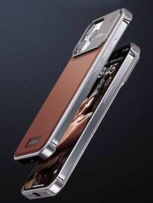 1pc Vintage Brown Leather & Metal Frame Phone Case, Compatible With IPhone 17 Pro Max 16 15 14 13 12 11 Pro Plus 16E, Hollow Large Split Lens Hole Full Lens Protection Cover, Waterproof Shockproof Anti-Drop Anti-Scratch Hard Shell Phone Case - Brown - View 4
