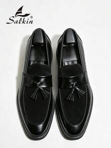 Salkin 男士設計師經典黑色一腳蹬樂福鞋 流蘇仿麂皮純素皮革正裝鞋 優雅紳士社交鞋 商務通勤辦公日常穿著休閒鞋 男士派對情侶約會浪漫晚宴晚餐婚禮時尚新郎鞋 返校學生鞋 假期禮物 全季男鞋，請選擇大一號 - 黑色 - 查看 7